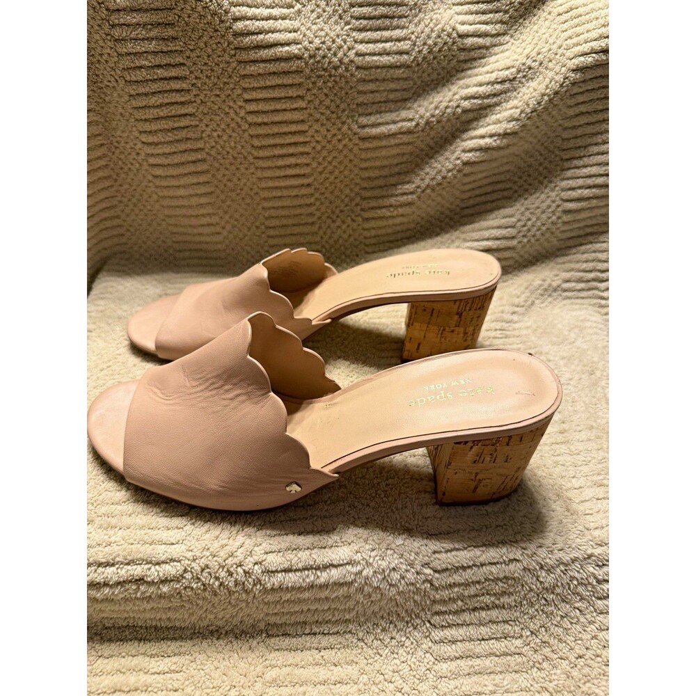 Kate Spade New York Pink Scalloped Open Toe Leather Mule Block Heels 10M